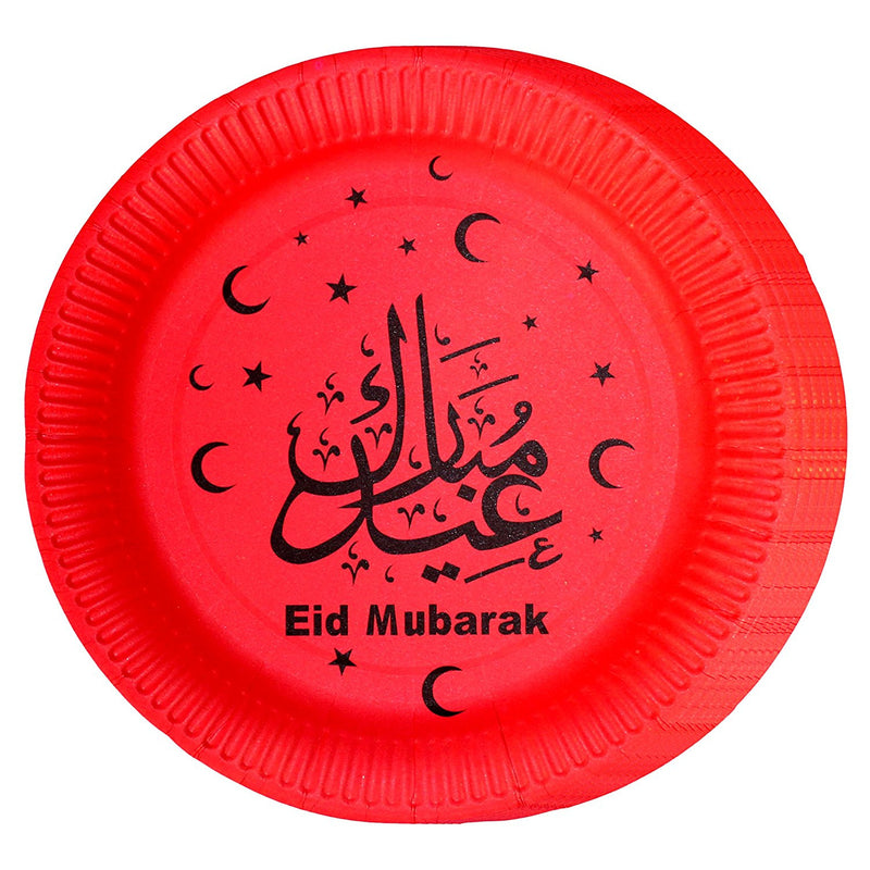 Red Plate Multicolour Tableware & Gold Eid Mubarak Foil Balloons Set