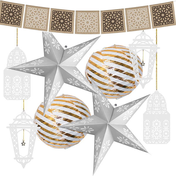 Eid al-Adha / Bakra / Kurban Bayram: Hessian Bunting, Silver Stars, Gold Paper Lanterns & 4pc White Wooden Lanterns Decoration SET 51