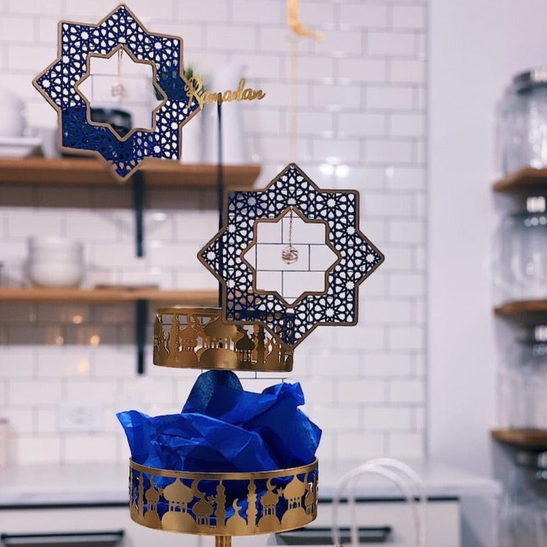 Set of 2 Wooden Ramadan & Eid Ornate Hanging Star Decorations - Blue / Gold Outline