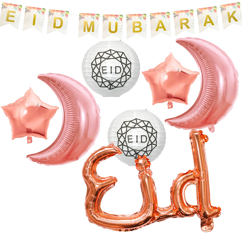 Floral Bunting, White Geo Paper Lanterns, 2pc Rose Gold Foil Moon & 2pc Star Balloons + Pink Eid Foil Balloon Decoration SET 27