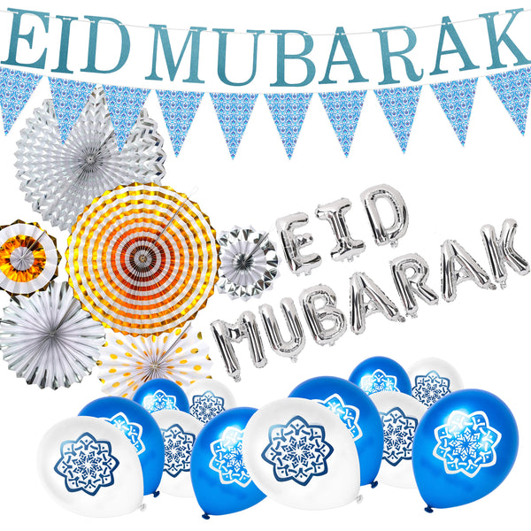 Blue Eid Letter Bunting, Blue Ottoman Bunting, Silver & Gold Fans, Silver Eid Foil Balloon & Blue/White Balloon Decoration SET 10