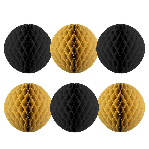 Pack of 6 Black & Gold Paper Hanging Honeycomb Sphere Balls Eid Party Decoration
