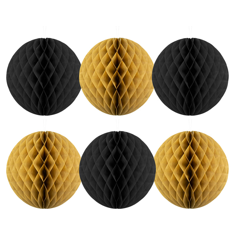 Pack of 6 Black & Gold Paper Hanging Honeycomb Sphere Balls Eid Party Decoration