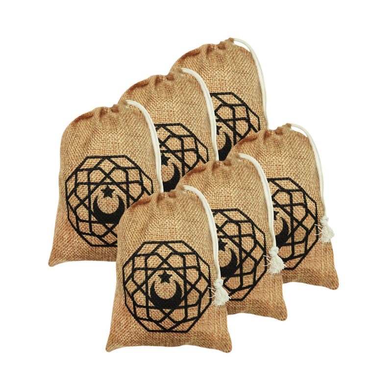 Pack of 6 Geometric Moon Mini Hessian Pull String Gift Pouches (15x12cm)