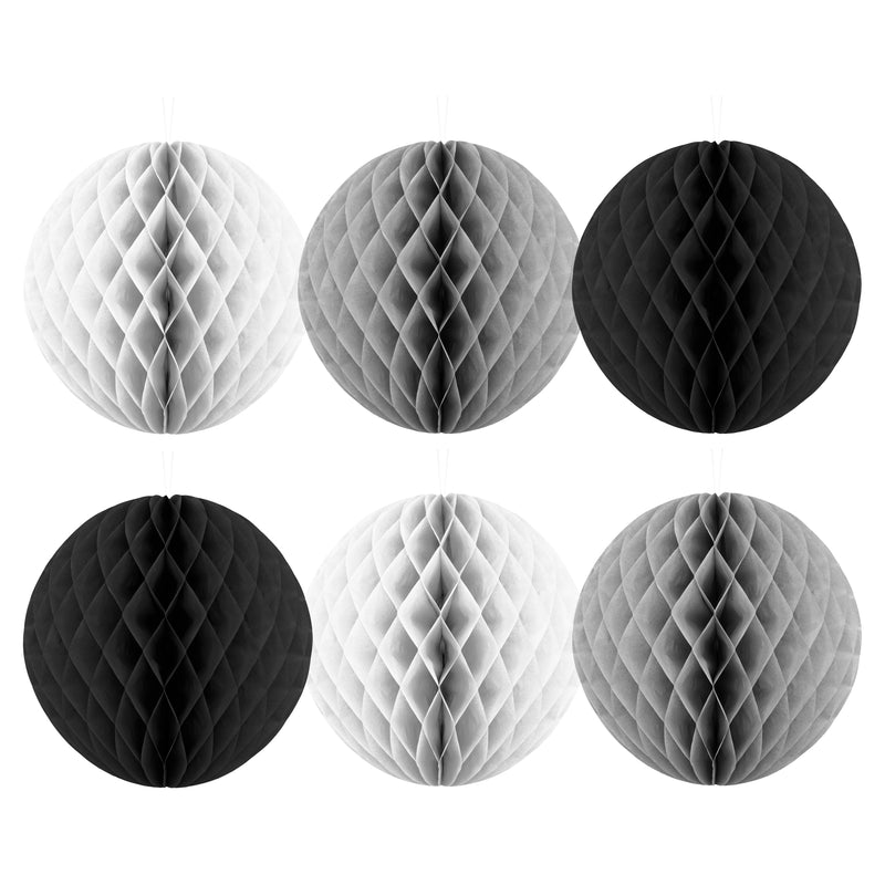 Pack of 6 White, Grey & Black Paper Hanging Honeycomb Sphere Balls Eid Party Decoration