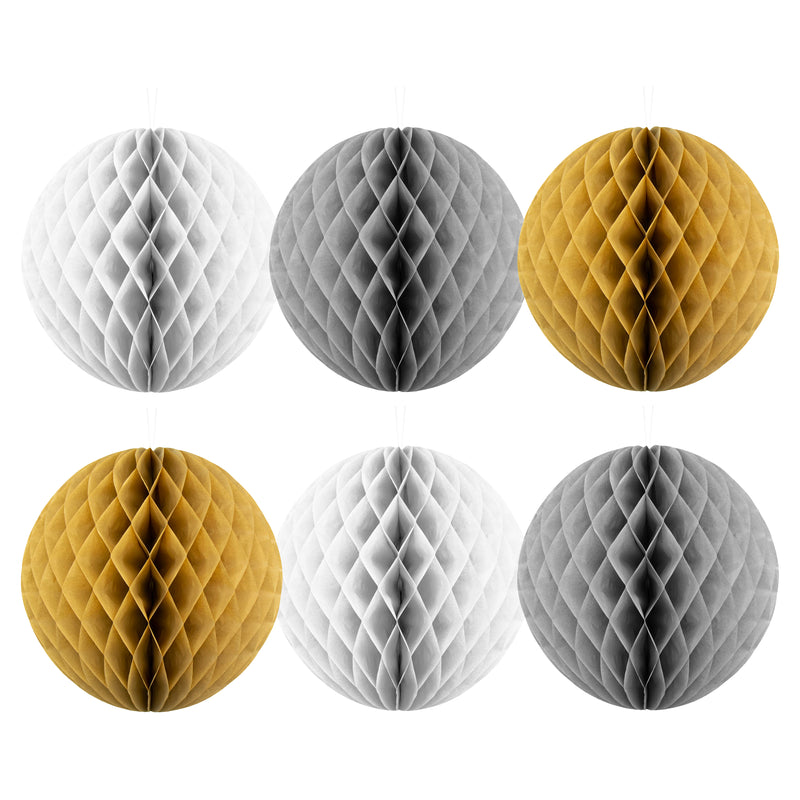 Pack of 6 White, Grey & Gold Paper Hanging Honeycomb Sphere Balls Eid Party Decoration