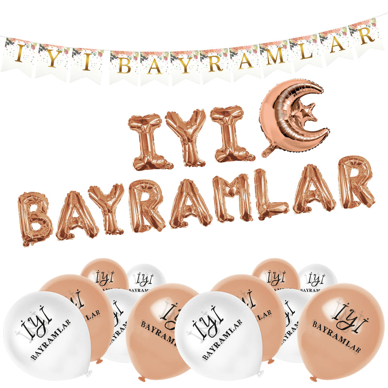 Rose Gold Bayram Set - Floral Bunting, Rose Gold Foil Balloons and White and Rose Latex Balloons