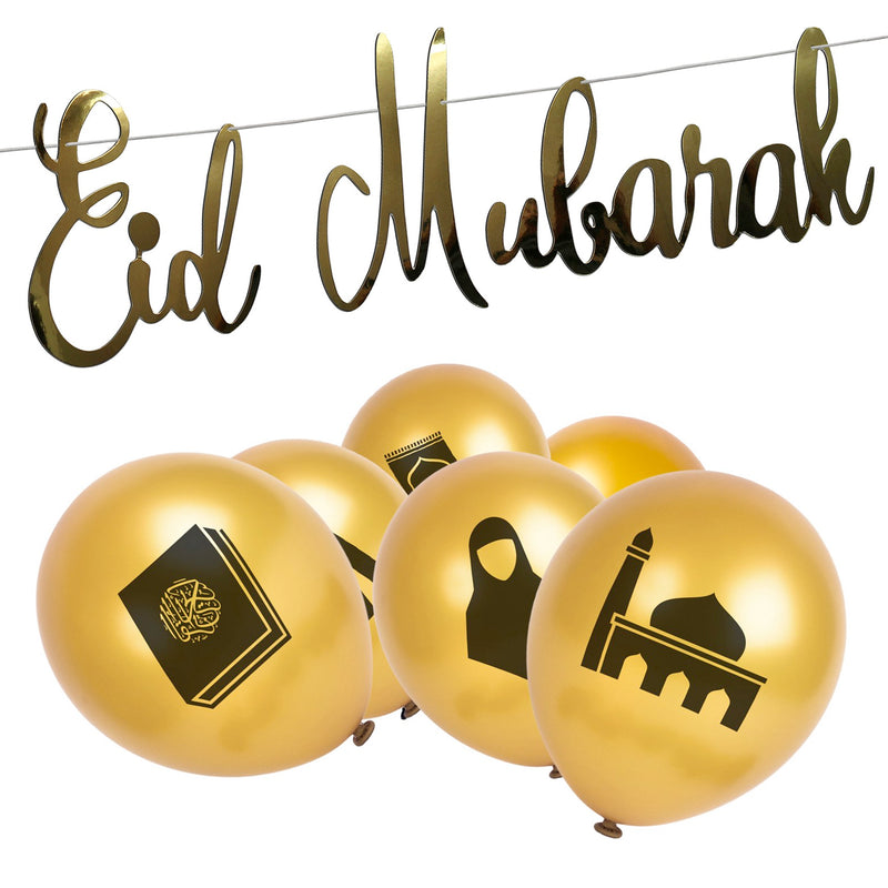 Gold 'Eid Mubarak' Calligraphy Bunting & 10x Gold Islamic Symbol Balloons