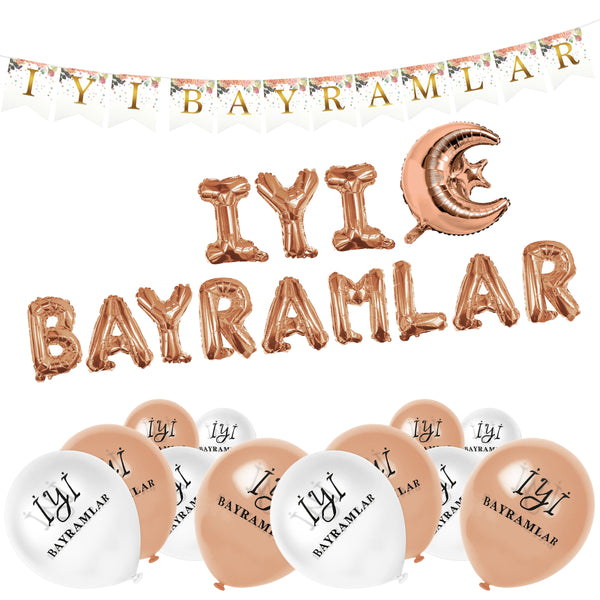 Bayram Rose Gold Set - Foil Balloons, Floral Bunting and White and Rose Latex Balloons