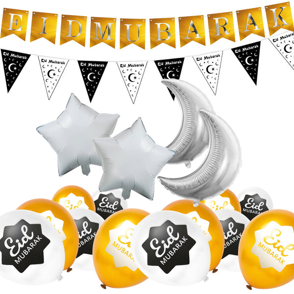 Gold Eid Letter Bunting, Black & White Moon Bunting, Silver Foil Moon & Star Balloons + Gold & White Eid Balloons Decoration SET 15