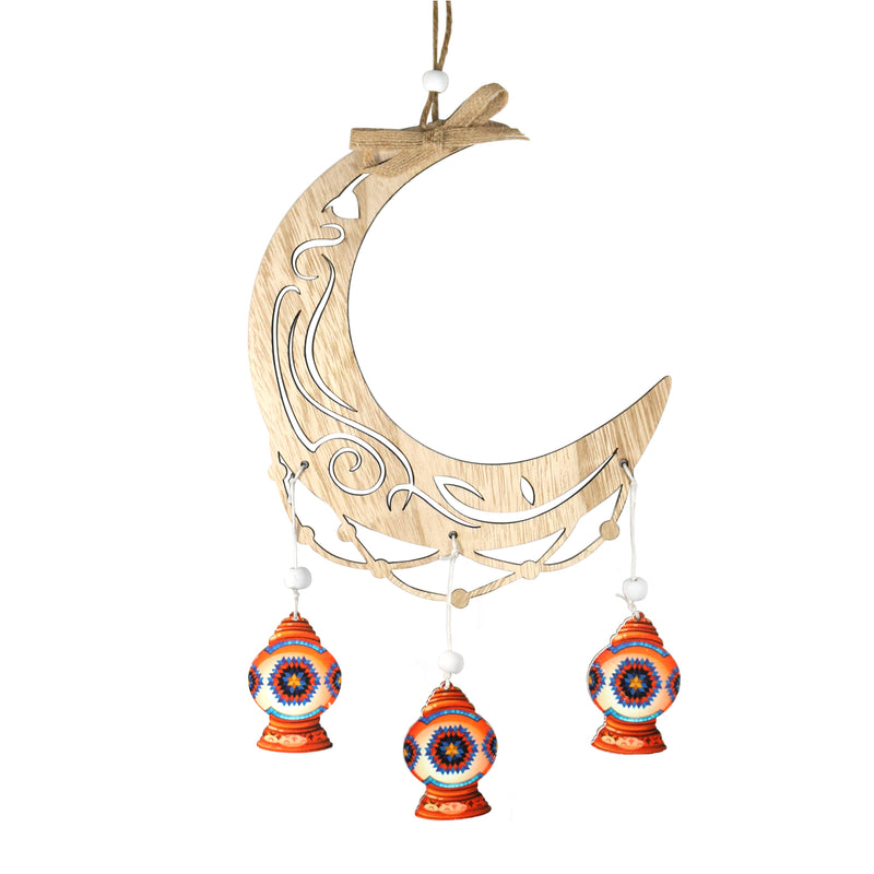Single Wooden Crescent Moon with Ornate Cutout Pattern & Hanging Lanterns Decoration