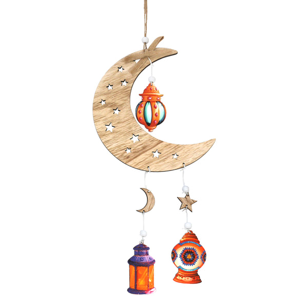 Single Wooden Crescent Moon with Cutout Stars & Hanging Lanterns Decoration