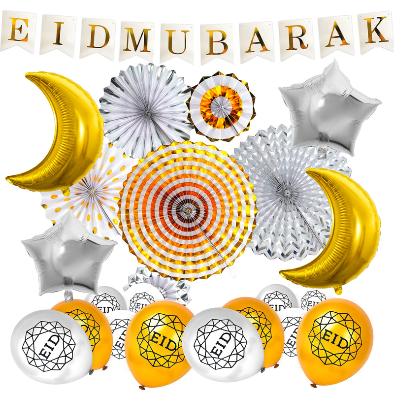 White Eid Letter Bunting, Silver & Gold Fans, Gold Foil Moon & Silver Star Balloons + Gold Geo Balloons Decoration SET 16