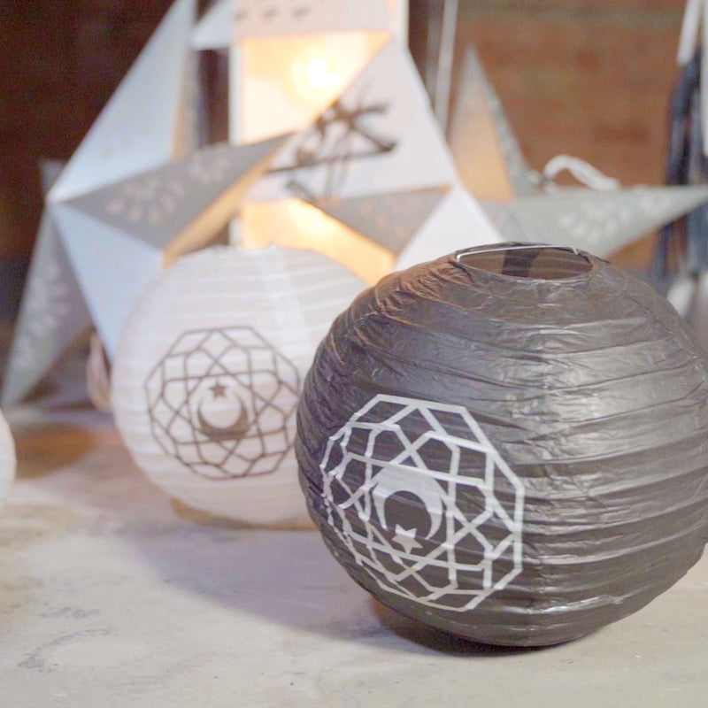 Pack of 4 Crescent Moon Geometric Pattern Paper Hanging Lanterns - Black