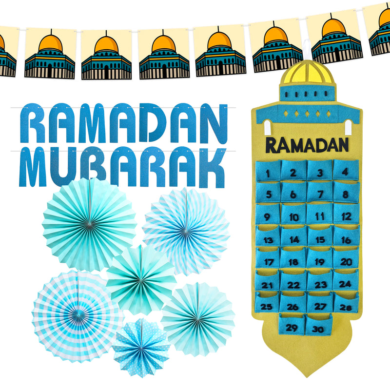 Al-Aqsa Mosque Ramadan Calendar, Bunting & Paper Fans Decorations Set