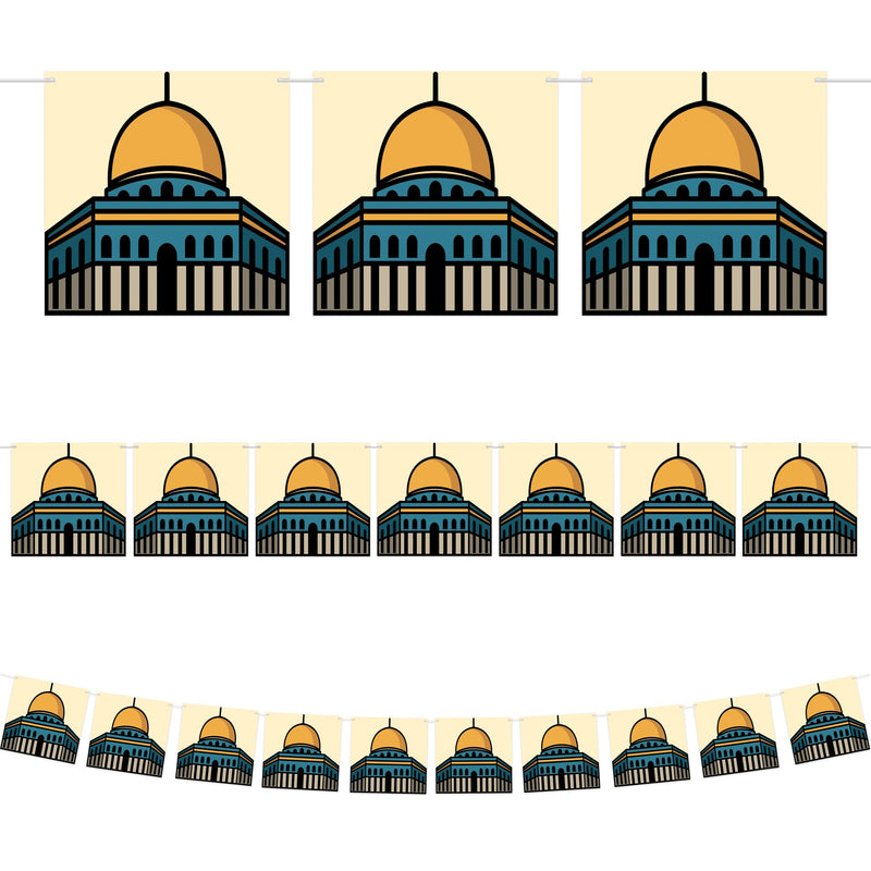 'Kaaba' & 'Masjid Qubbat al-Sakhrah' Card Bunting & Orange/Blue Wooden Hanging Set 40/21