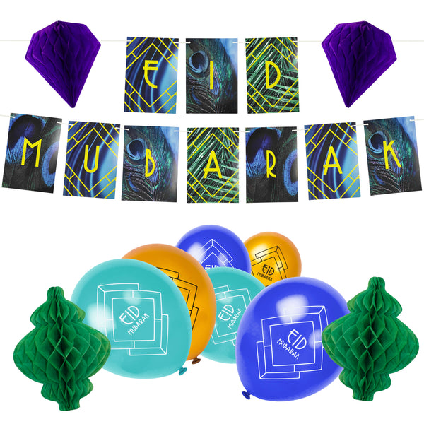 Art Deco Eid Mubarak Balloons & Botanical Bunting & 4x Paper Honeycomb Lanterns Decoration Set