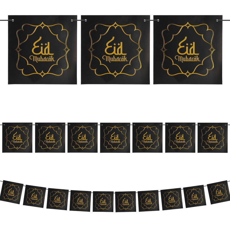 Vintage Style Paper Fans & Eid Mubarak Black Bunting & 4x Gold Paper Lantern Set