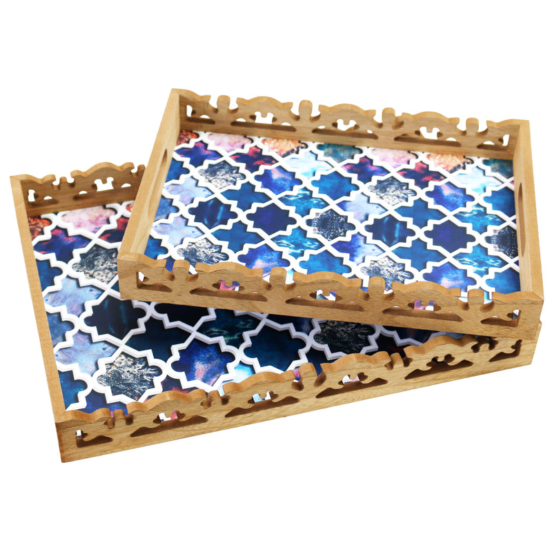 Medium & Large Ornate Wooden Blue Pattern Serving Trays
