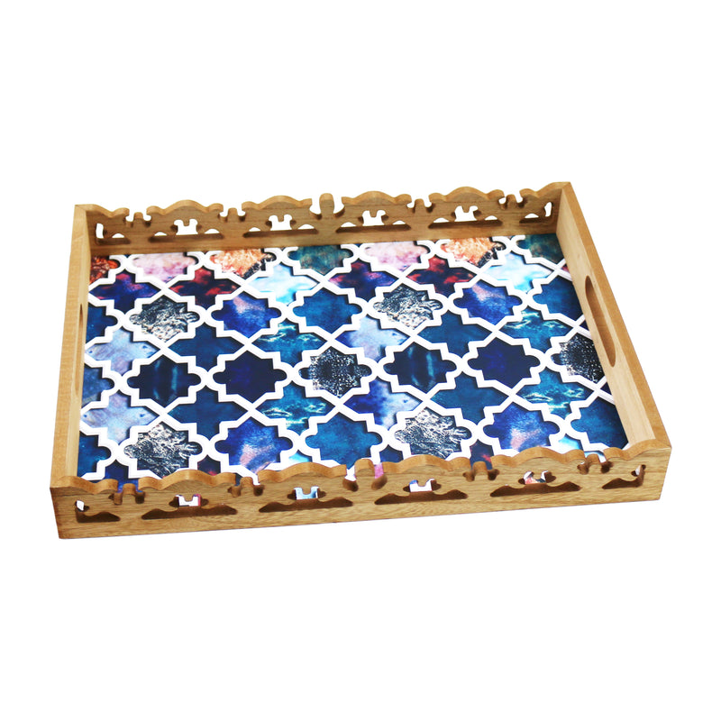 Medium & Large Ornate Wooden Blue Pattern Serving Trays