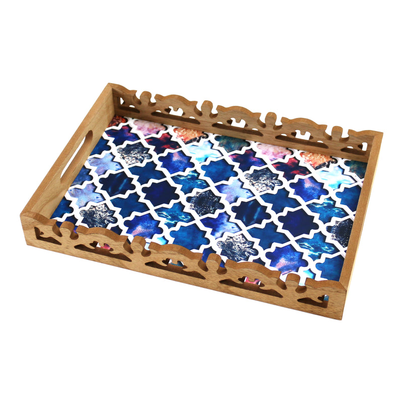 Medium & Large Ornate Wooden Blue Pattern Serving Trays