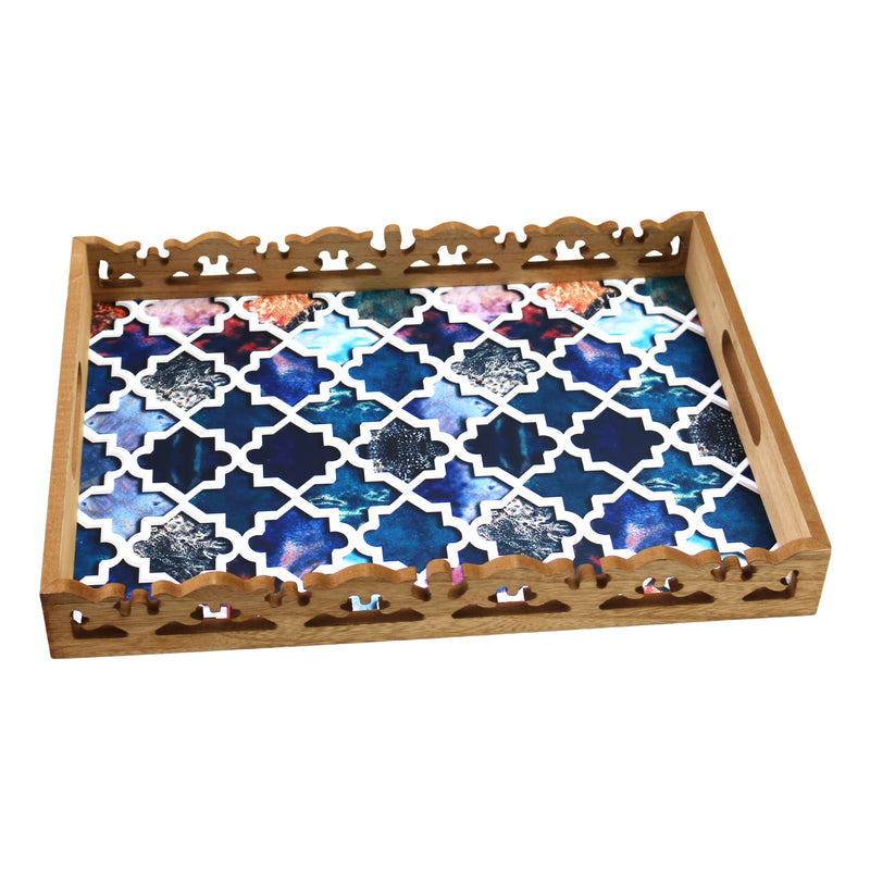 Medium & Large Ornate Wooden Blue Pattern Serving Trays
