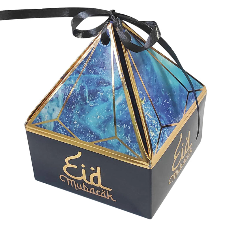 Blue Marble Effect 'Eid Mubarak' Pyramid Gift & Treat Celebration Box 12 Pack