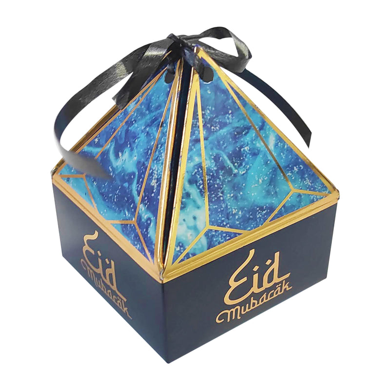 Blue Marble Effect 'Eid Mubarak' Pyramid Gift & Treat Celebration Box 12 Pack