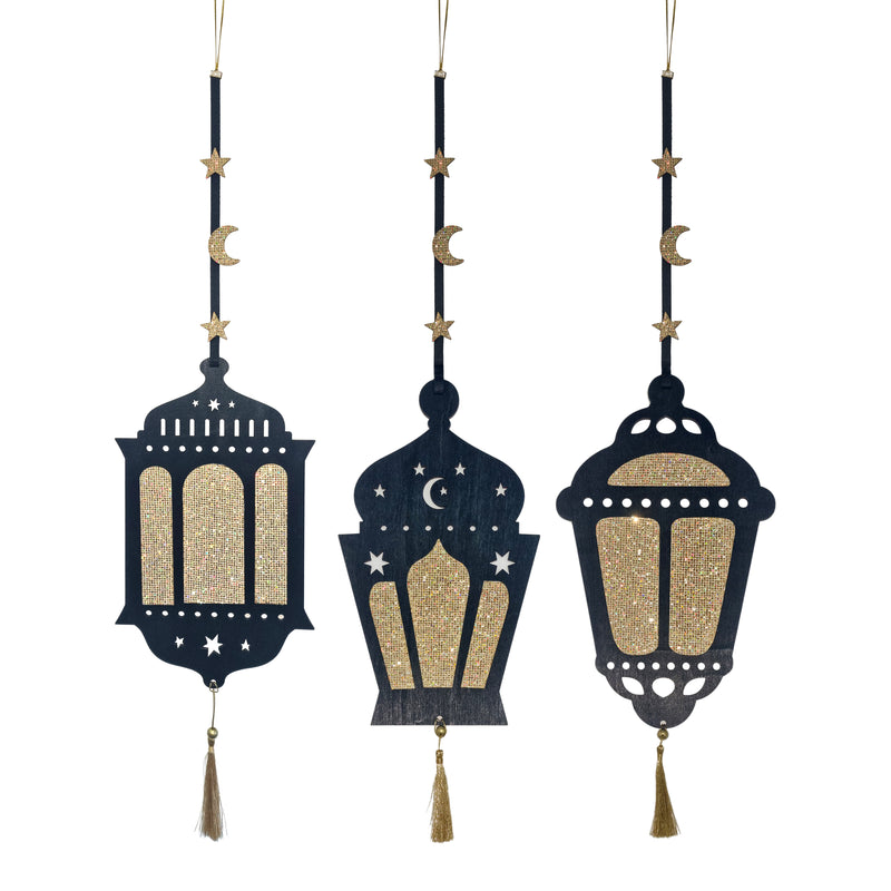 Set of 3 X-Large Black Wooden Glitter Hanging Lanterns with Gold Tassels