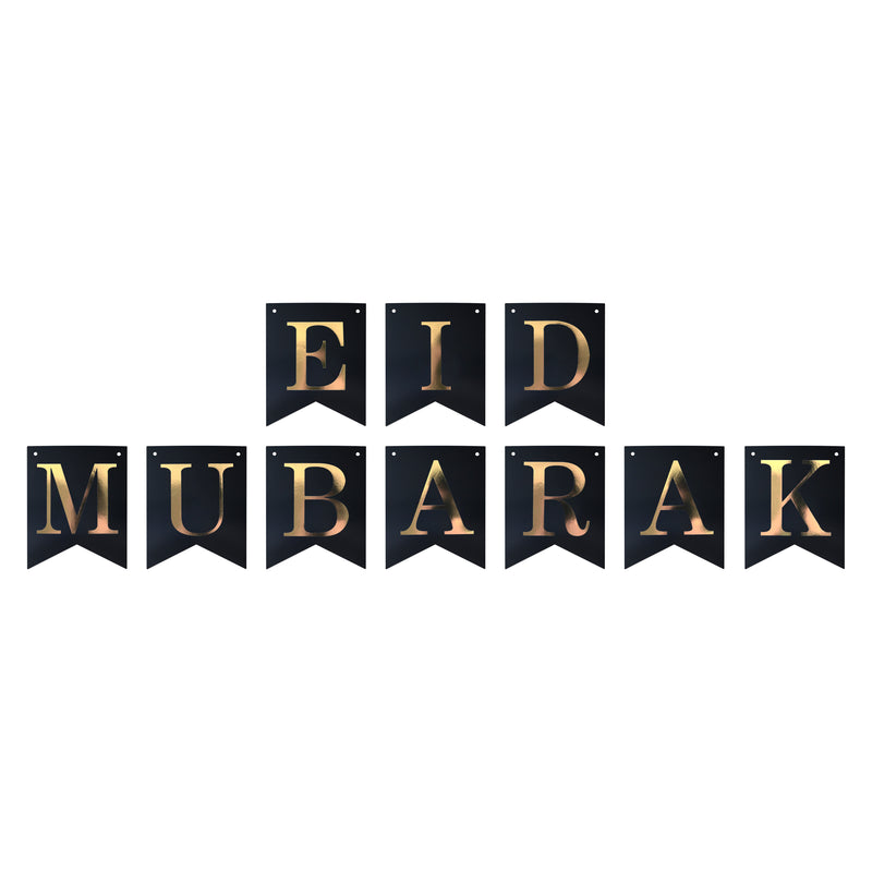 Black, Gold & Silver Islamic Star Eid Balloons & Bunting & Gold Wooden Stars Eid Decoration Set