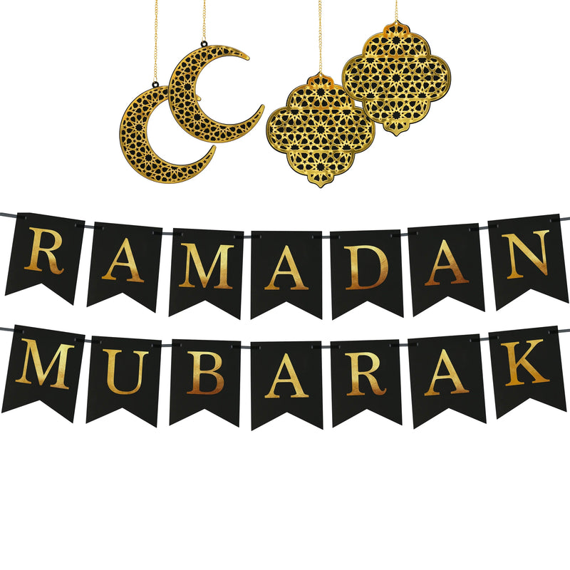Black Ramadan Mubarak Bunting & 4x Moon / Star Gold Wooden Hanging Decorations Set
