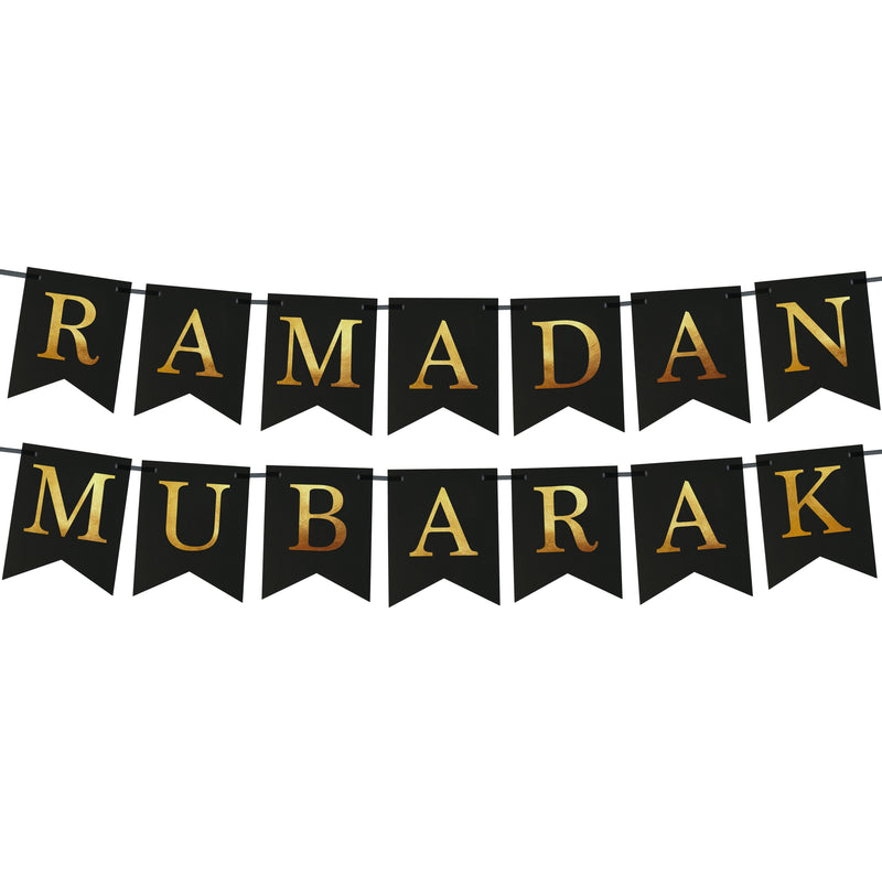 Black, Gold & Silver Islamic Star Eid Balloons & Bunting & Red With Gold Outline Wooden Stars Ramadan Decoration Set