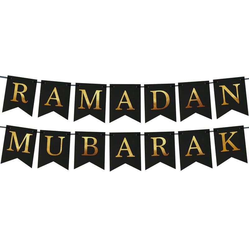 Black Ramadan Mubarak Bunting & 4x Moon / Star Gold Wooden Hanging Decorations Set