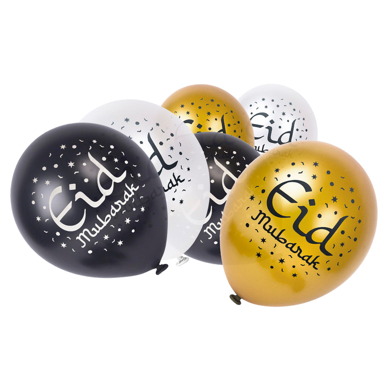 Black & Gold Ornate 'Eid Mubarak' Bunting, Half-Fan Garland, Balloons & Foil Balloon Set (Set 22-1)