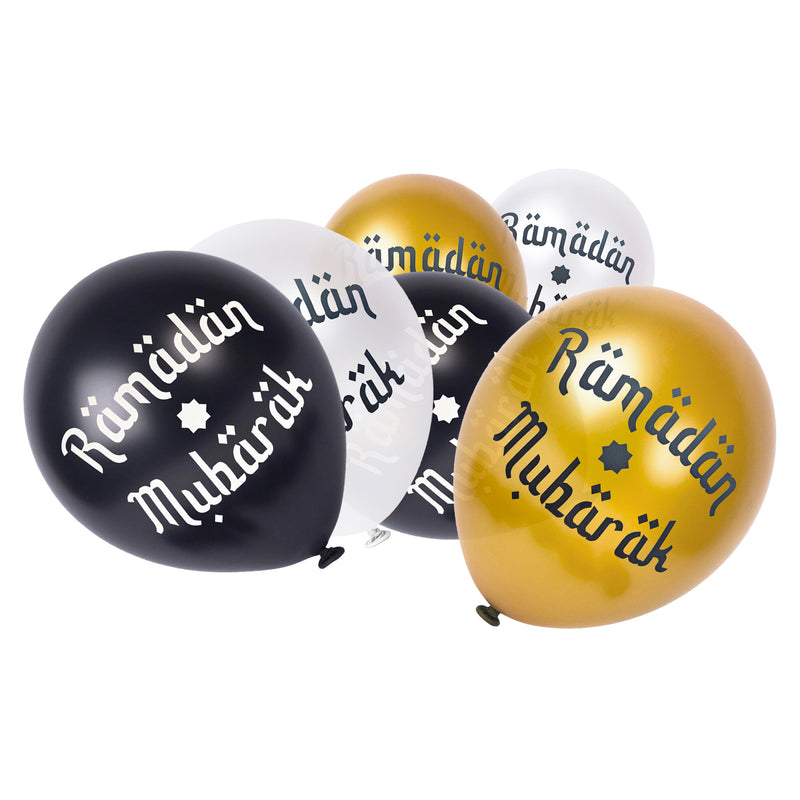 Black, White & Gold Ramadan Mubarak Latex Party Balloons (12 Pack)