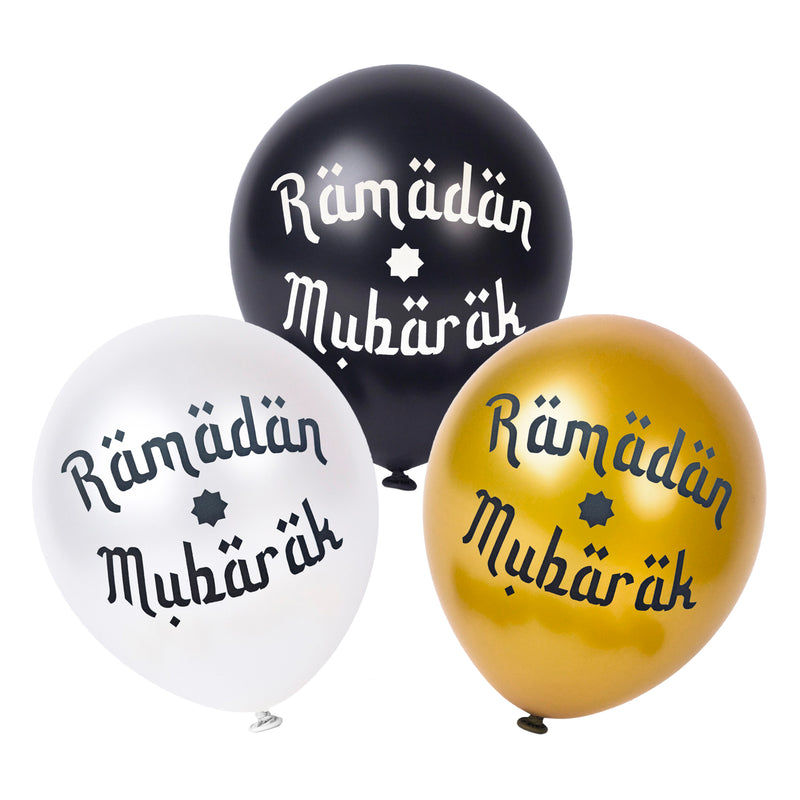 Black, White & Gold Ramadan Mubarak Latex Party Balloons (12 Pack)