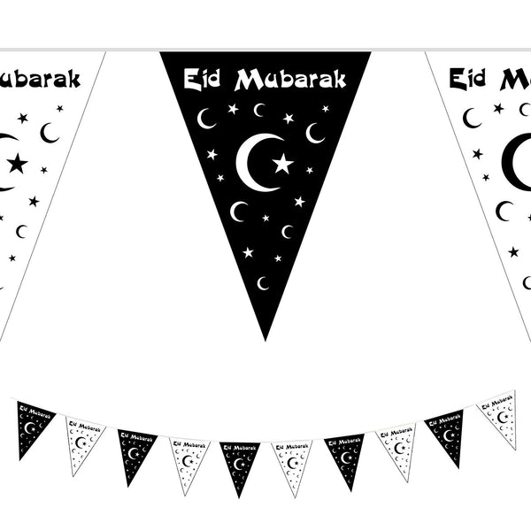 Black & White Eid Mubarak Ramadan Moon & Stars Bunting - 10m