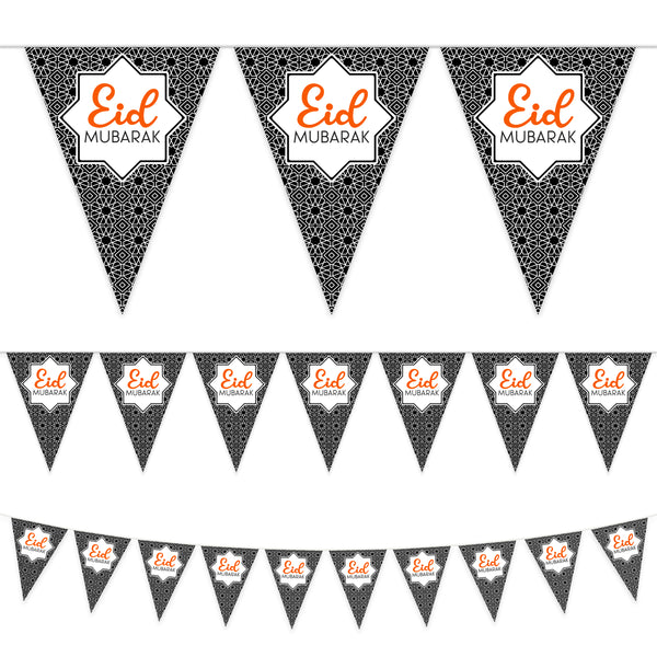 Black Geometric Pattern Eid Mubarak Plastic Triangle Bunting - 10 meters