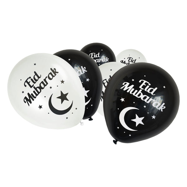 Black & White Eid Mubarak Moon & Stars Balloon (12 Pack)
