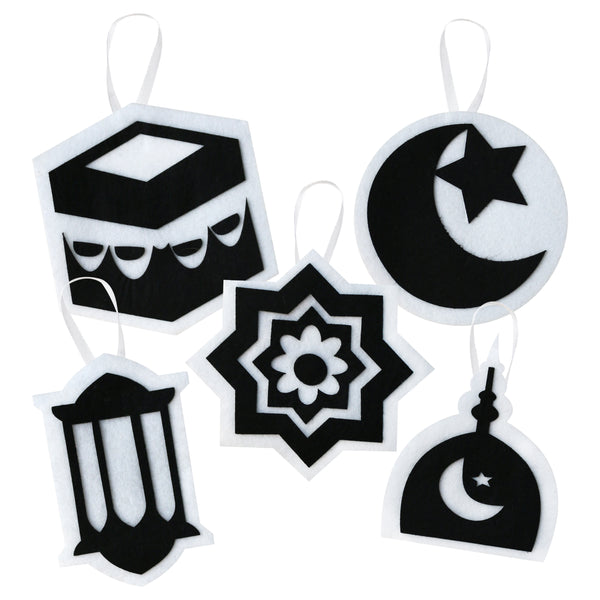 Pack of 5 Black & White Felt Arabic Symbol Ramadan & Eid Hanging Decorations