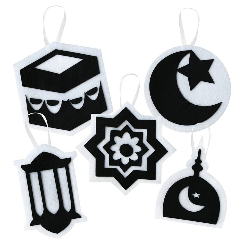 Black & White Eid Mubarak Balloons, Black/Gold Paper, Bunting & Felt Symbols Decoration Set