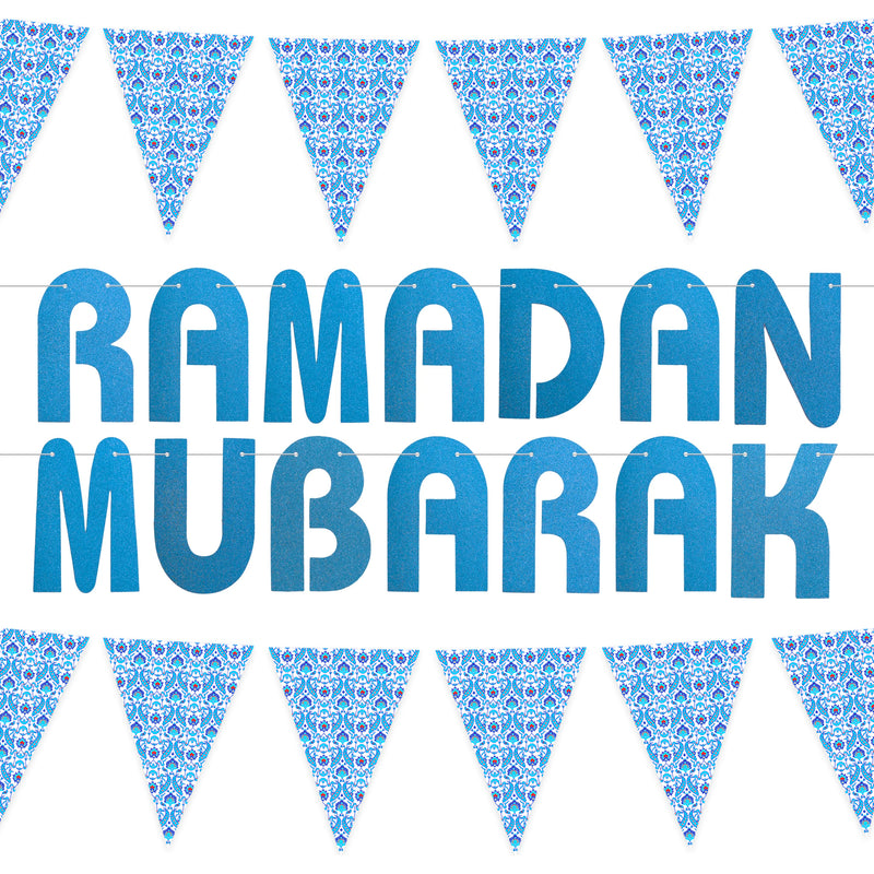 Blue Glitter Letter Ramadan Mubarak & Blue Ottoman Pattern Bunting