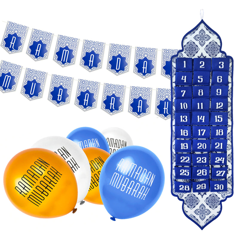 Blue Ramadan Calendar, Bunting & Balloons Decoration Set