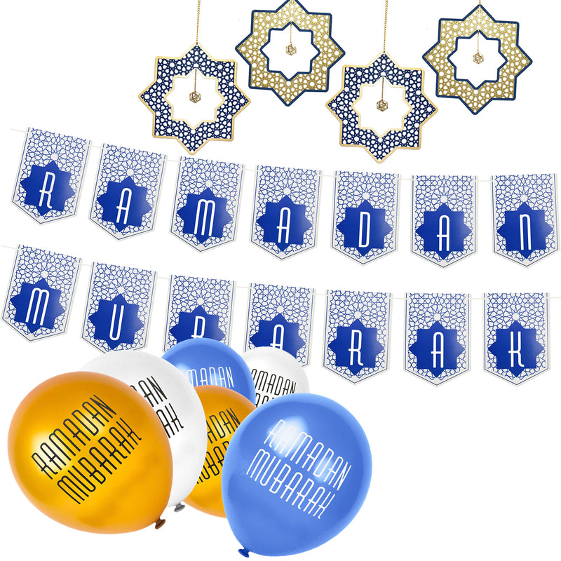 Blue Ottoman Ramadan Mubarak Bunting with 15 Gold, White & Blue Latex & Blue & Gold Wooden Hanging Stars