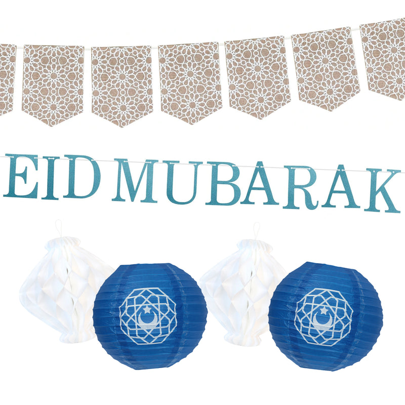 Eid Mubarak Blue Letter Bunting, Floral Hessian Bunting, White Honeycomb Balls & Blue Paper Lanterns Set