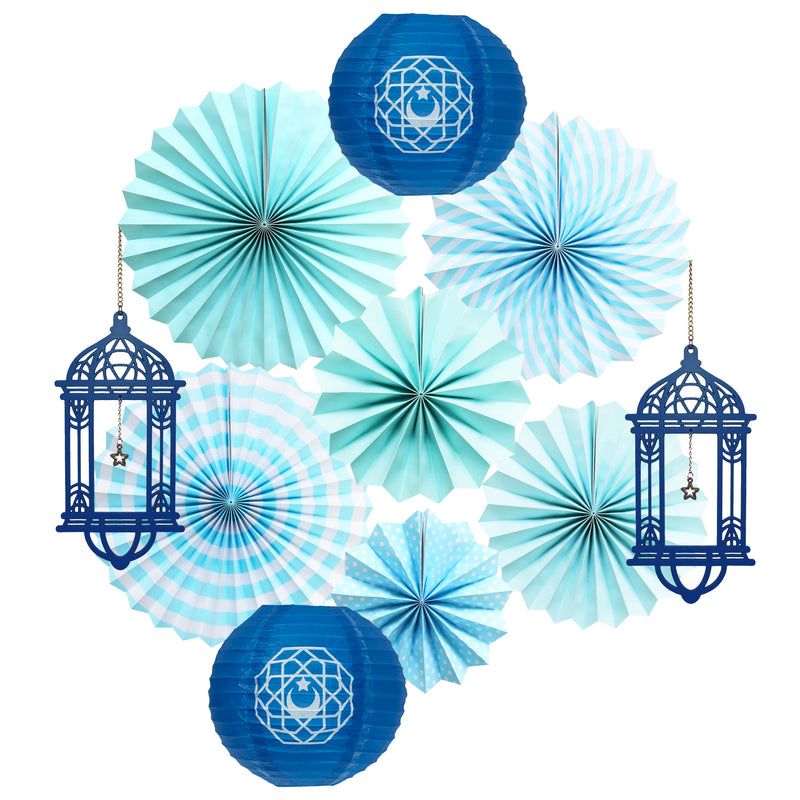 Blue Eid and Ramadan Paper Fans, 2x Blue Paper Lantern & 2x Blue Wooden Hanging Decoration Set
