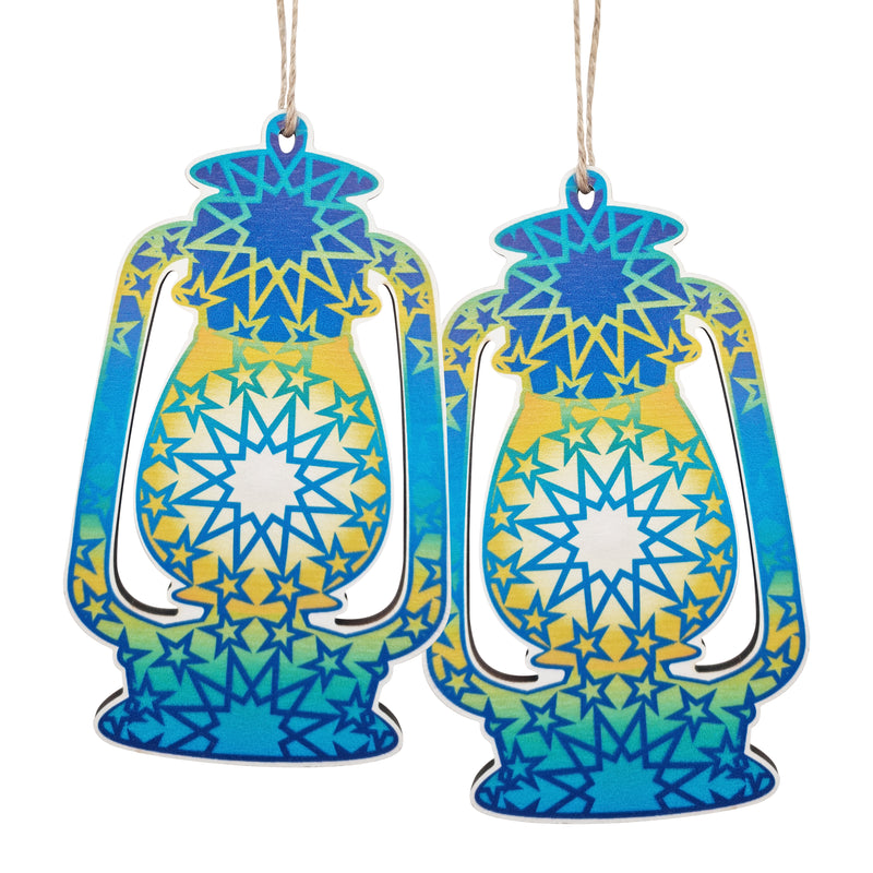 Pack of 2 Blue & Yellow Star Pattern Wooden Lantern Hanging Decorations