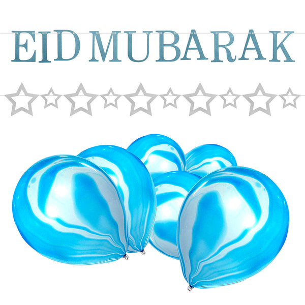 Blue Eid Mubarak Glitter Bunting, Silver Glitter Star Bunting & 10 Blue Marble Effect Balloons Set
