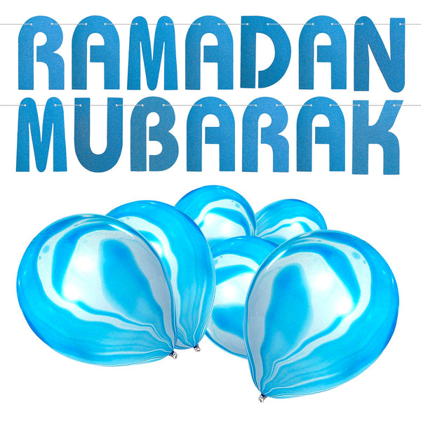 Blue Glitter Ramadan Mubarak Letters Bunting & 10 Marble Effect Balloons Set