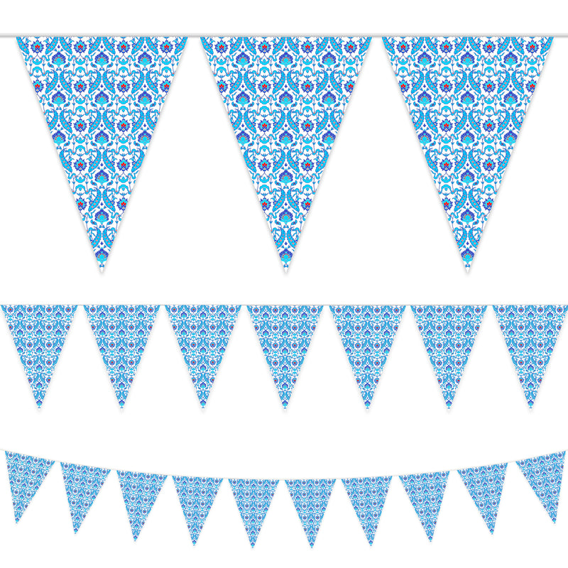 Blue Ottoman Pattern Triangle Plastic Bunting - 10 meters